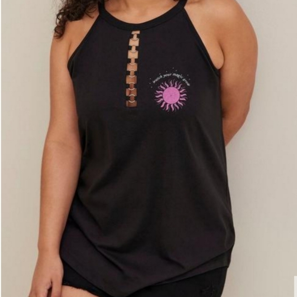 Torrid Black Tank Stars Sun Moon Floral Print Watch Your Magic Grow Plus Sz 2XL